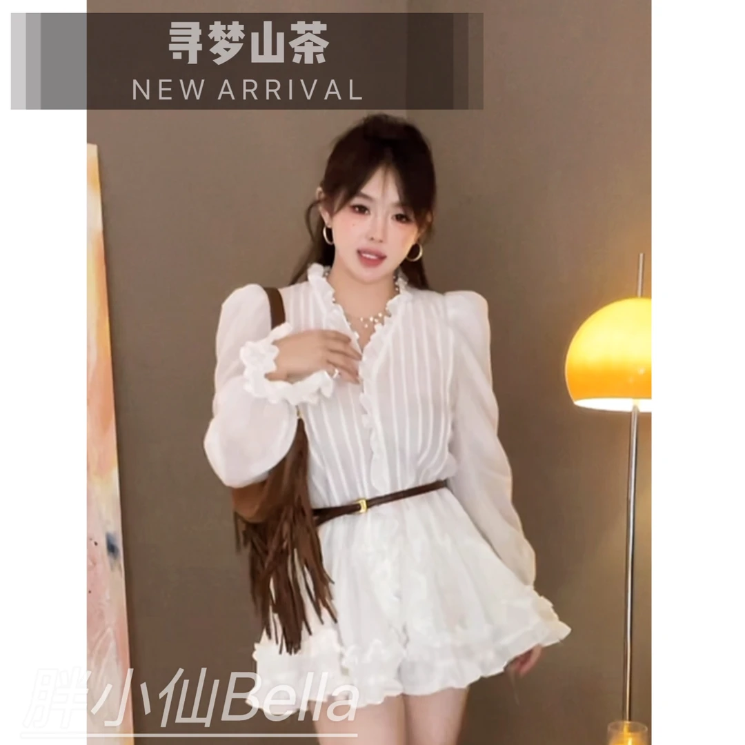 【胖小仙】<寻梦山茶>荷叶袖秋季衬衫时尚百搭微胖显瘦大码