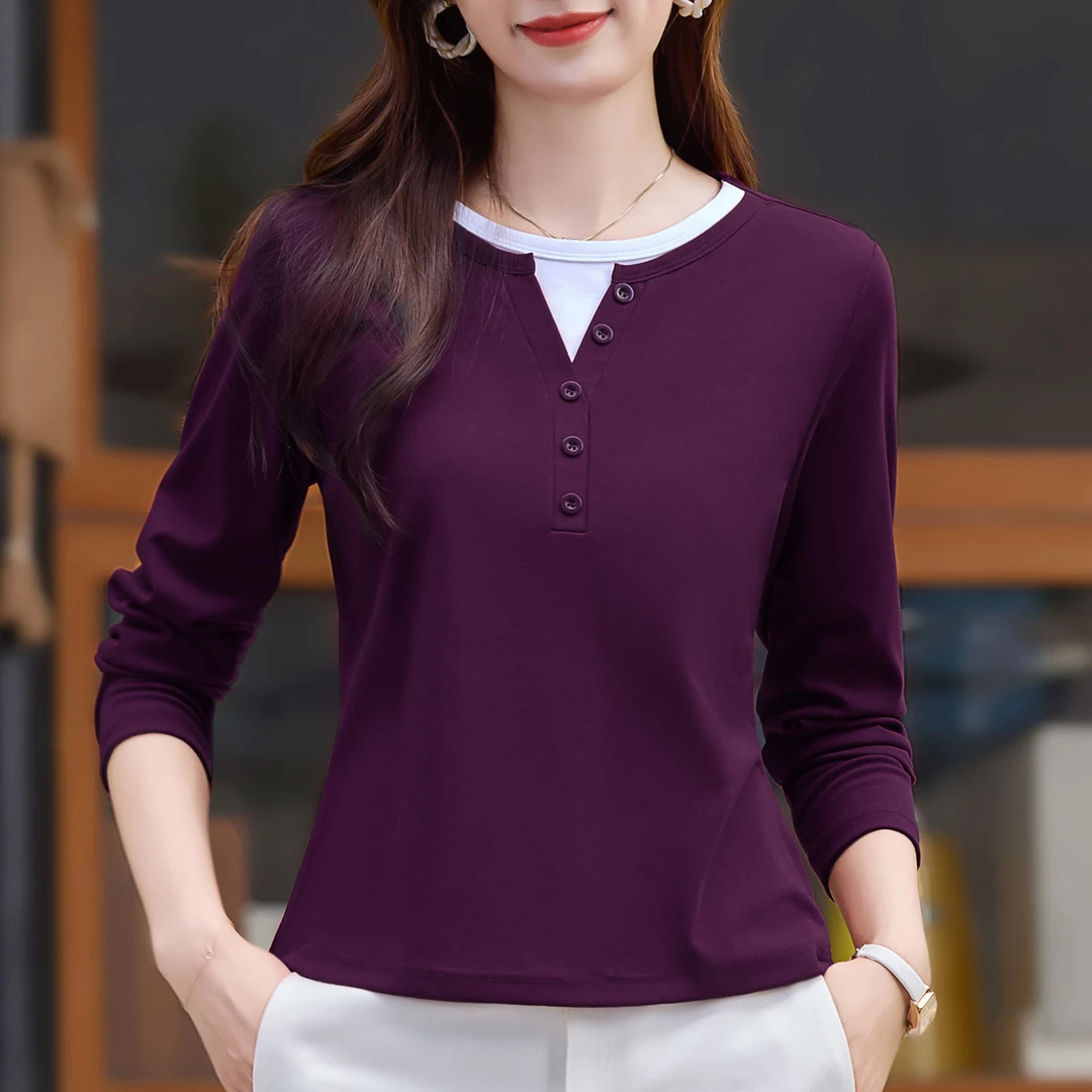 90支新疆精梳棉假两件紫色长袖t恤女秋装2026新款洋气打底衫上衣