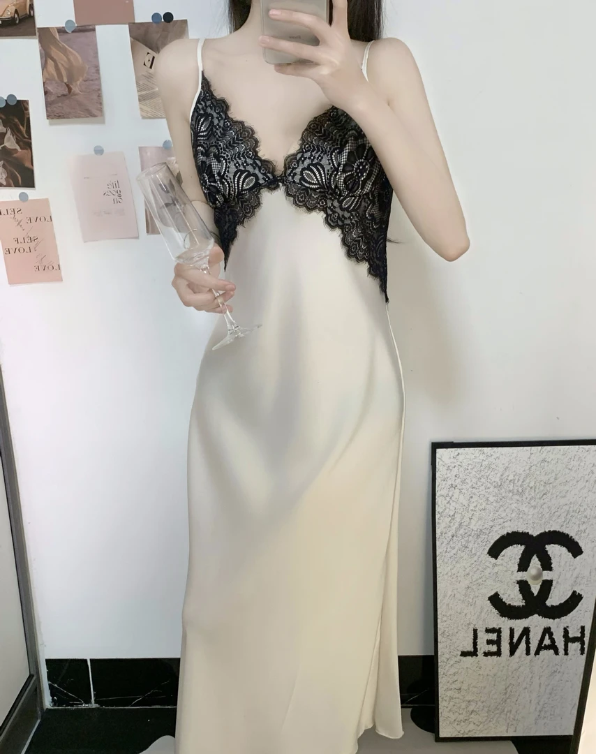 Yase【星芒逸梦】春夏季新款冰丝睡衣女性感蕾丝吊带轻奢露背睡裙