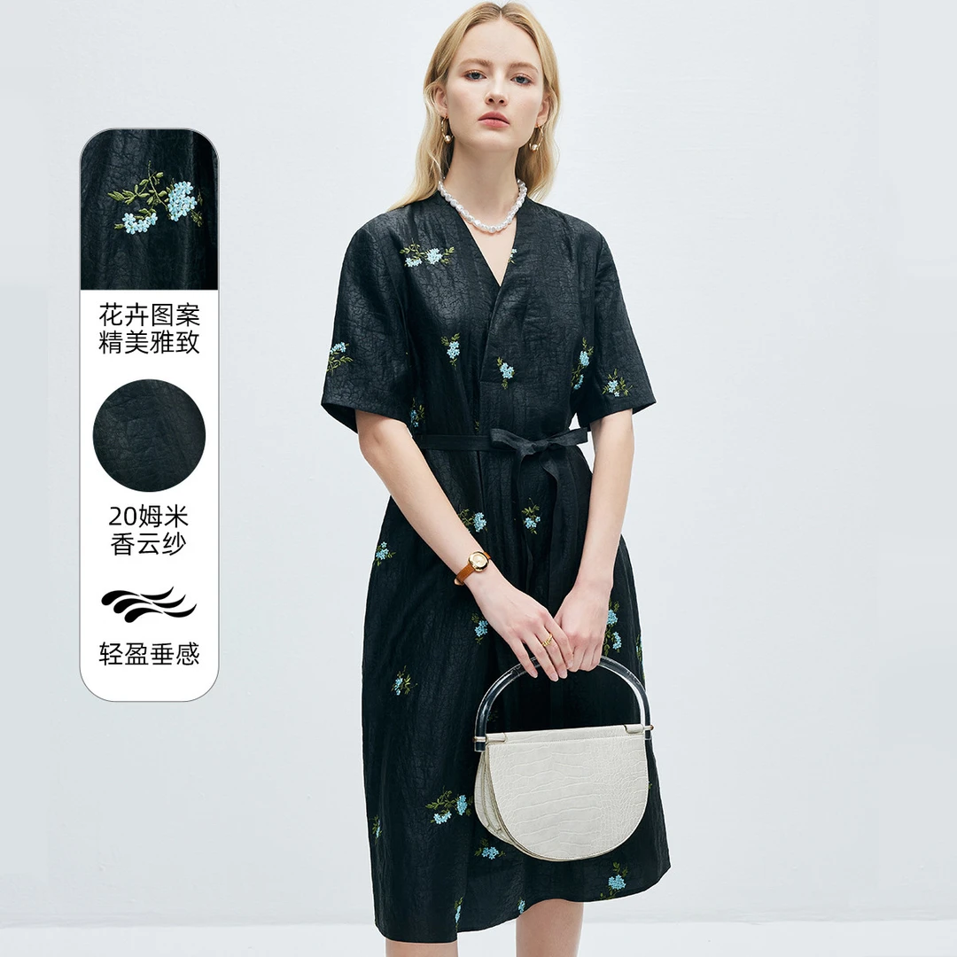 V领系带收腰复古印花真丝连衣裙女ES250339Z