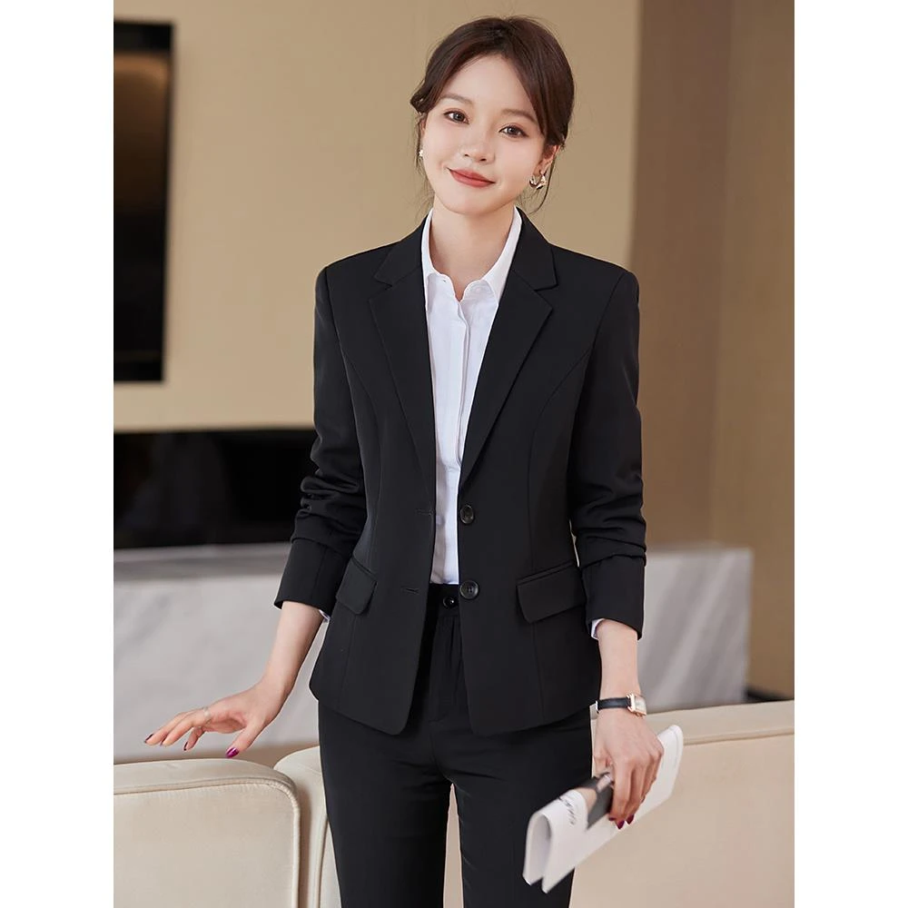 黑色职业西装套装女春秋季酒店经理工作服面试正装小个子西服外套