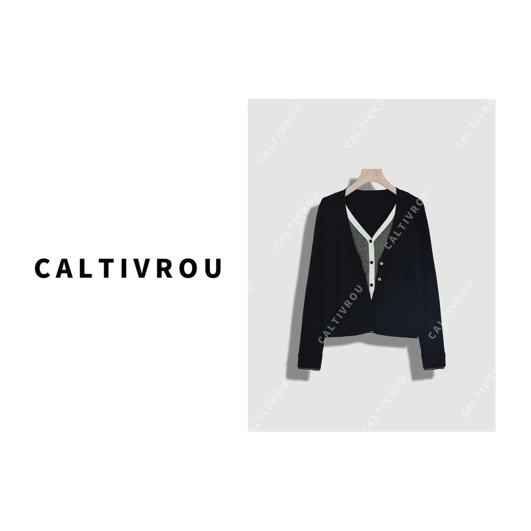 Caltivrou假两件V领时尚气质百搭针织衫-Y18591