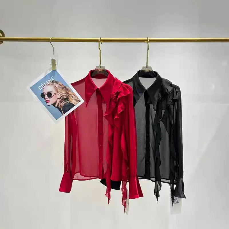 红黑荷叶边设计感碎花洋气上衣