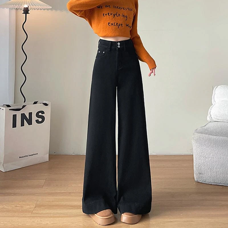 黑色大阔腿牛仔裤女加绒长裤秋冬季新款高腰不贴腿显瘦大喇叭裤子