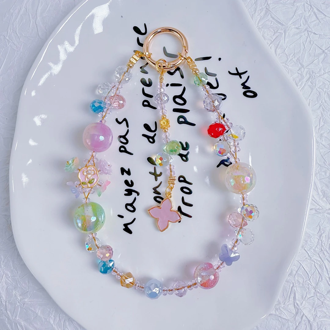 春季新款DIY手作A213-彩色系晶晶四叶草手机链