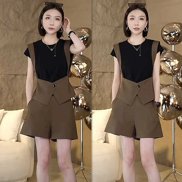 今年流行套装女夏2025新款假两件拼接T恤上衣高腰阔腿短裤两件套