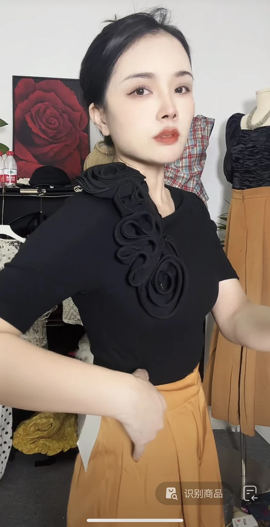 修身T恤宽松型拼接长袖显瘦斜领森系女士常规纯色花朵上衣