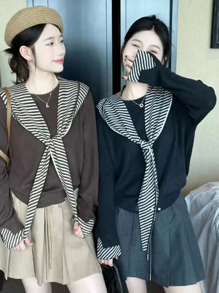 开拆卸假两件条纹帽衫女秋冬新款百搭长袖针织衫6631