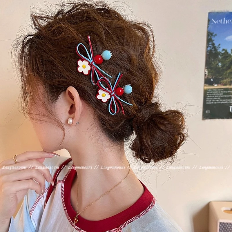甜美红蓝花朵侧边发夹女蝴蝶结边夹前额刘海夹一字发卡鸭嘴夹发饰