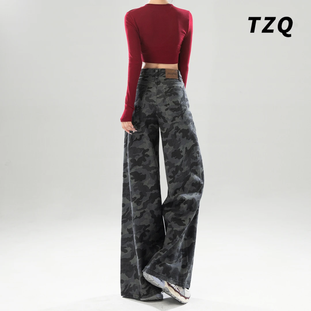 美式迷彩阔腿大喇叭牛仔裤女2025新款宽松不贴腿拖地裤TZQ123014