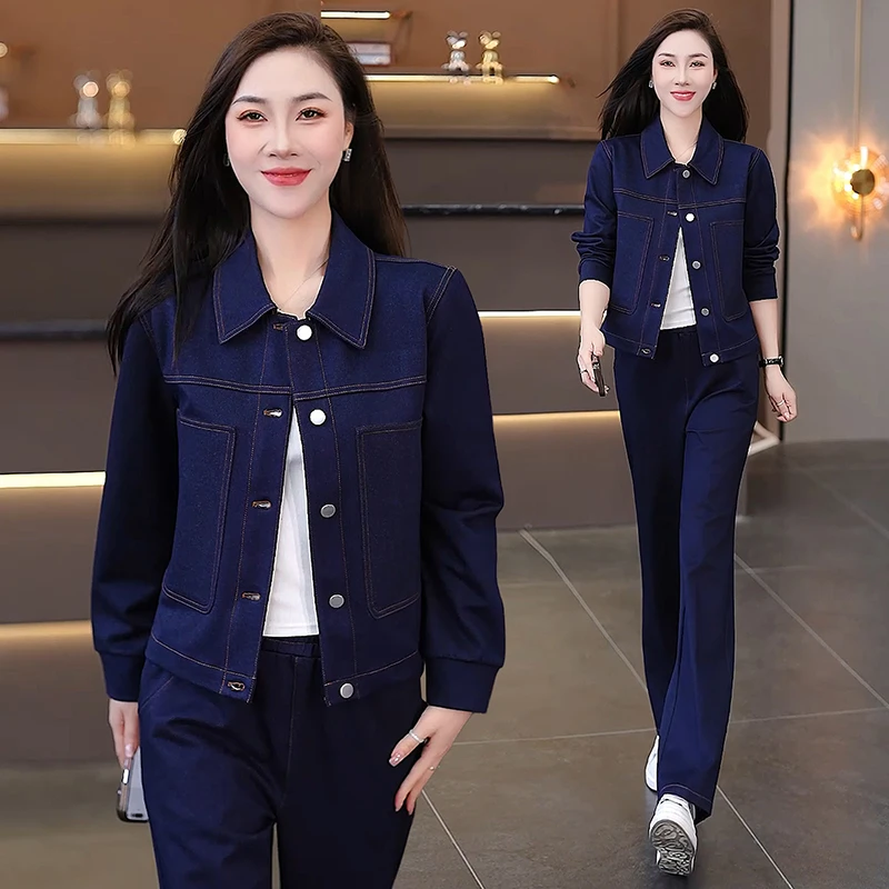 休闲运动套装女牛仔洋气翻领休闲秋装2025春秋时尚短款外套两件套