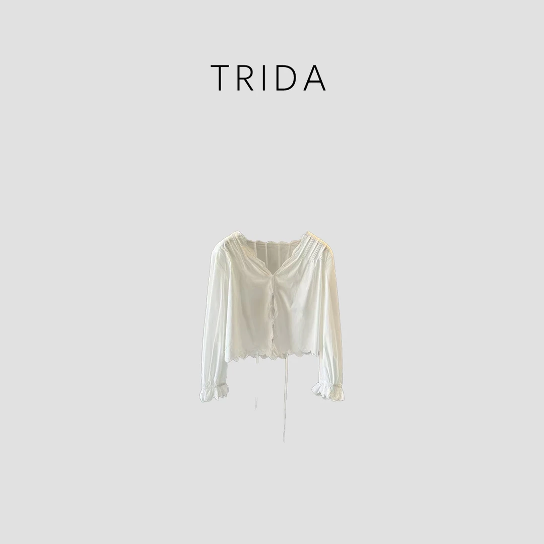 【Trida】进口优质长绒棉白色蕾丝抽绳长袖衬衫5438LL