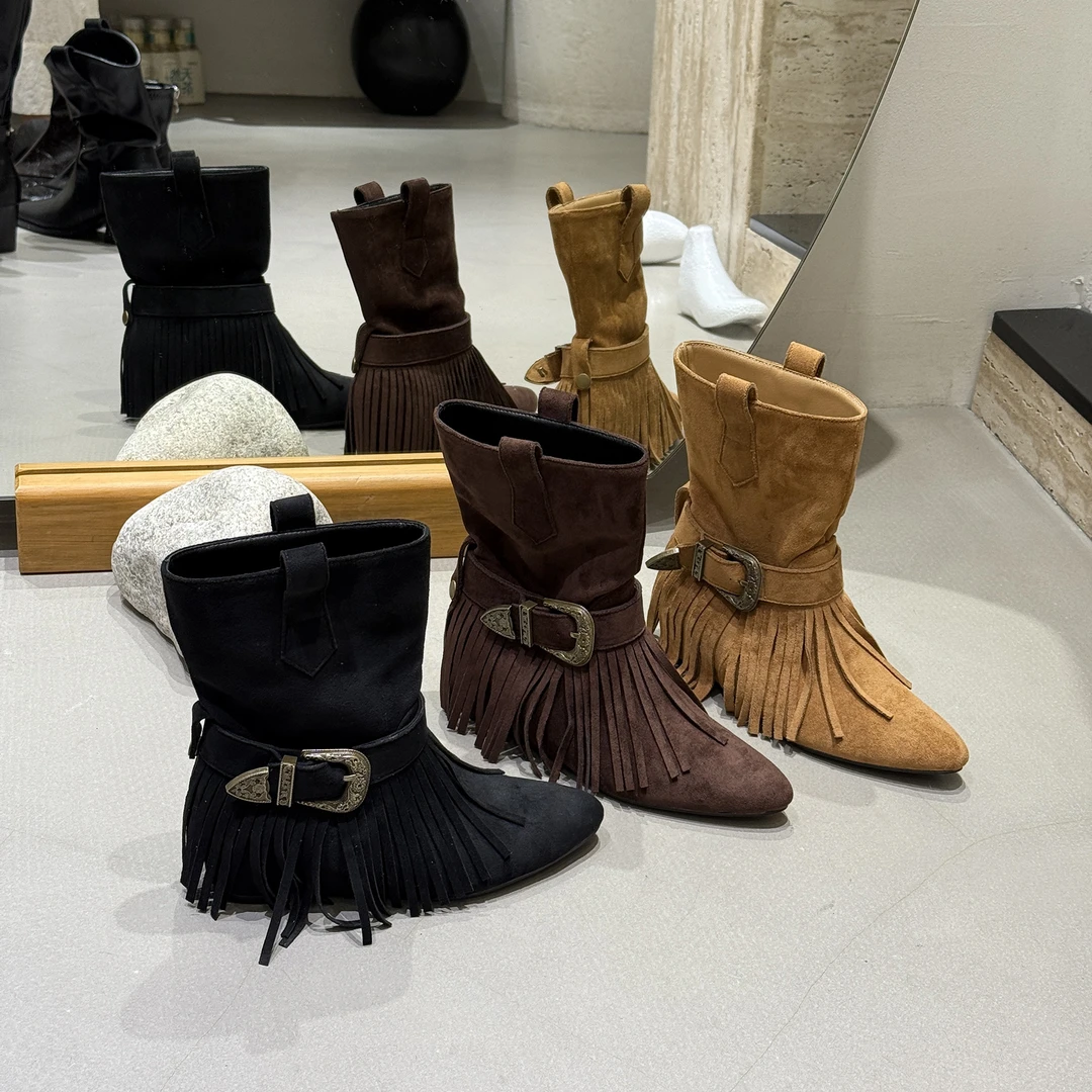 2025秋冬新款复古尖头皮带扣流苏短靴女内增高马丁靴西部牛仔靴