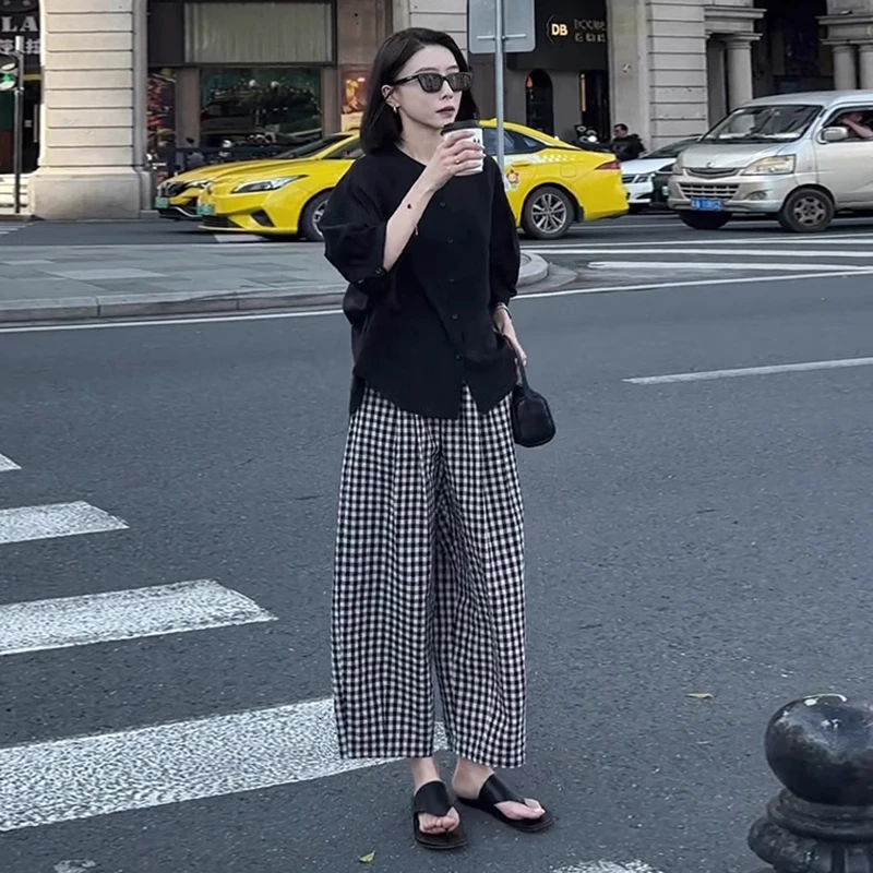 女装套装轻奢高级感女人味早秋新款开衫衬衫搭配格子阔腿裤两件套