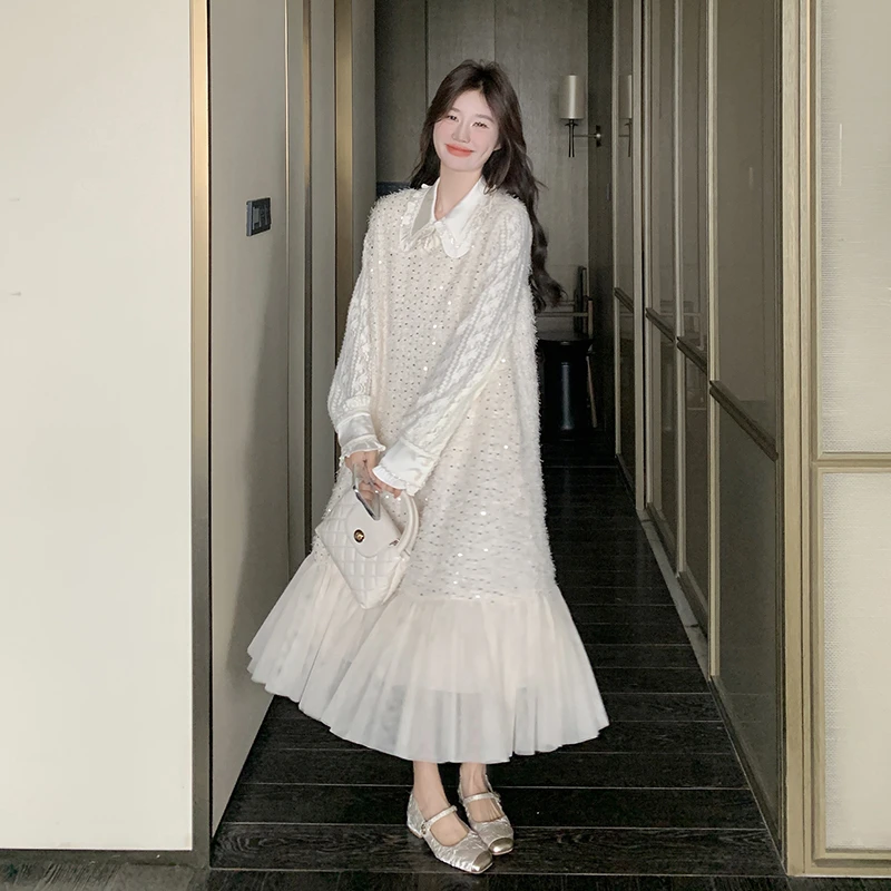 富家千金小香风亮片连衣裙套装女春秋季新款蕾丝上衣背心裙两件套