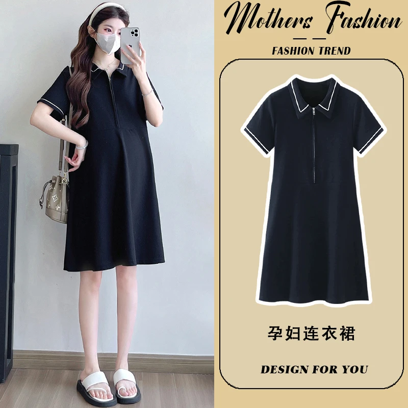 孕妇连衣裙夏季2025新款时尚宽松黑色翻领休闲薄款T恤裙中长款女
