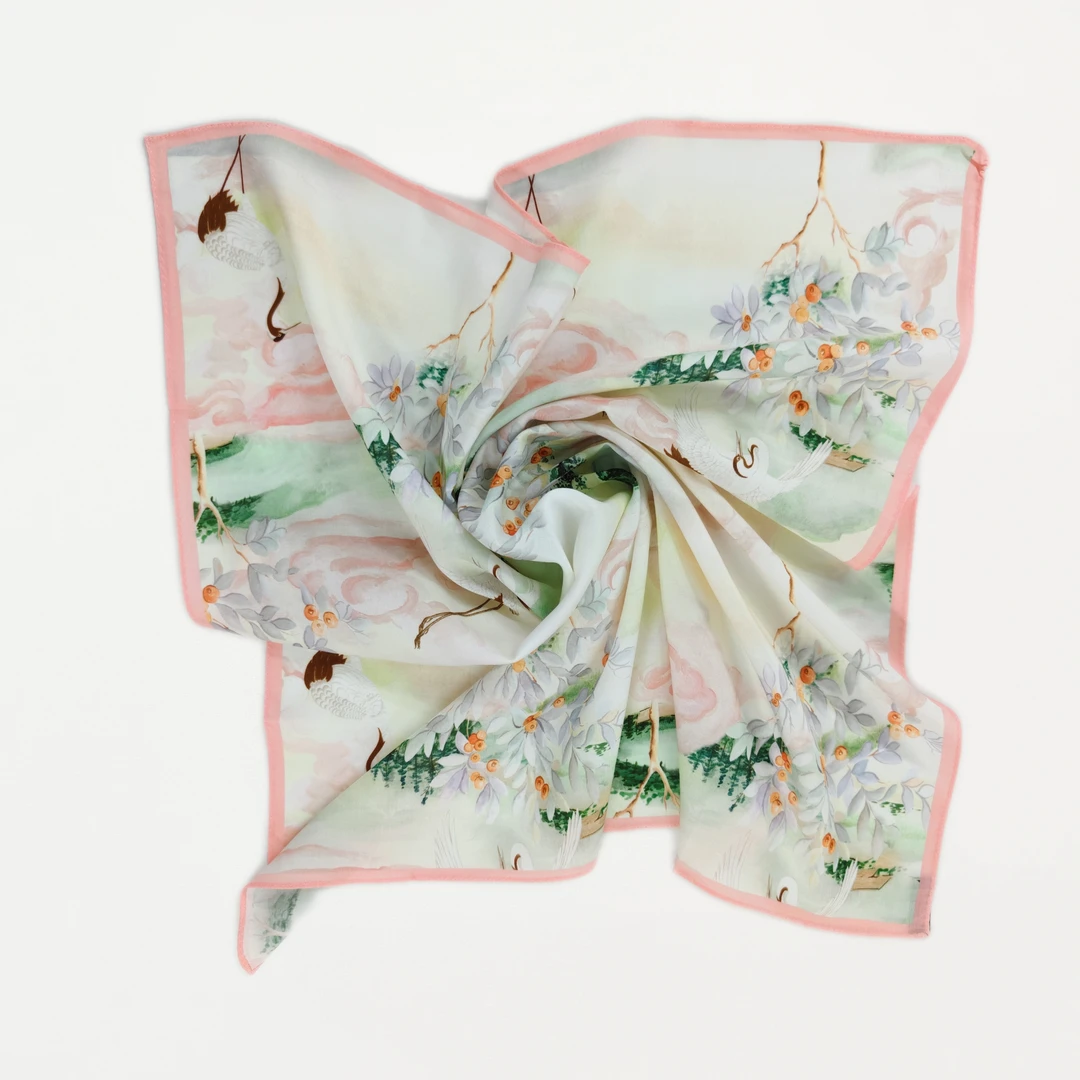 FJ011 闲云仙鹤 粉 玫瑰花丝巾66cm