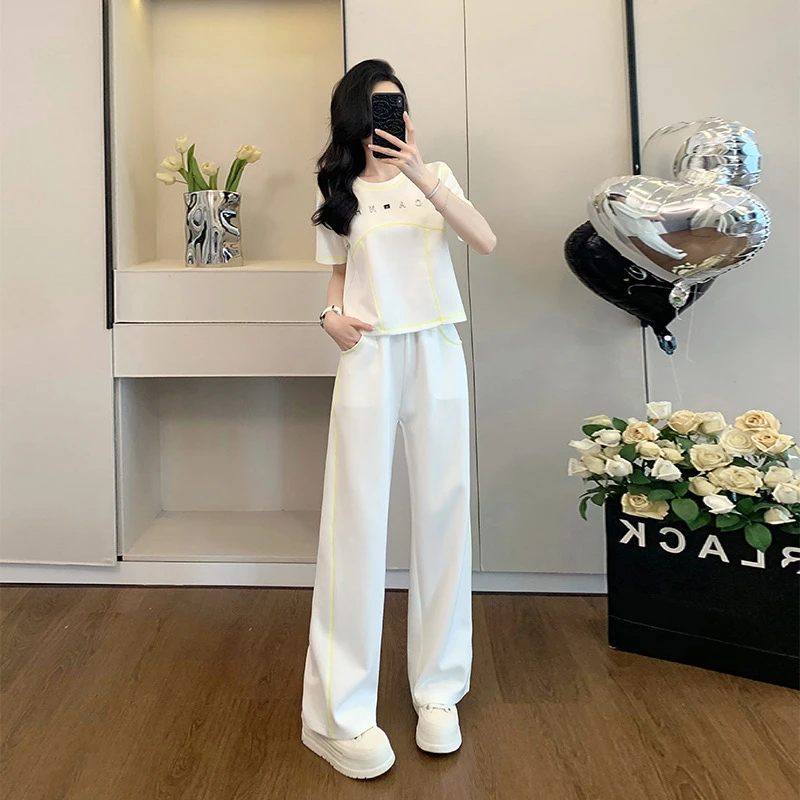卡苜2429夏季时尚超好看白色圆领短袖套装女气质显瘦阔腿裤两件套