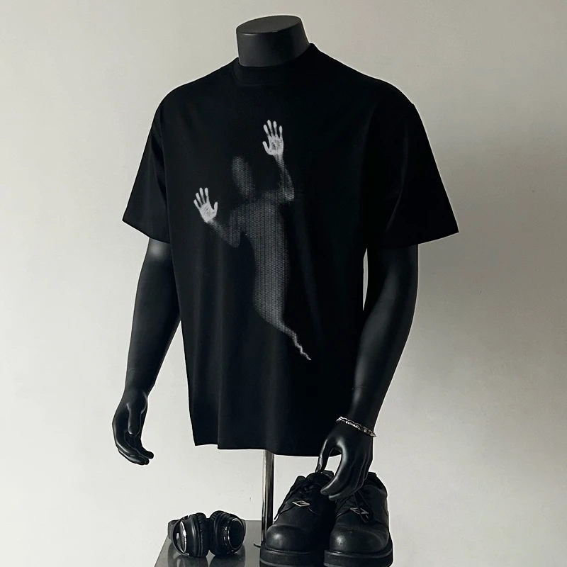 100%纯棉320克重磅男士运动休闲夏季黑色半袖印花圆领个性潮流