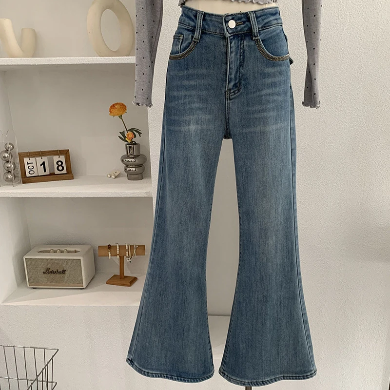 欧玛莱加绒喇叭裤女2025冬季修身弹力复古微喇牛仔裤长裤潮5731