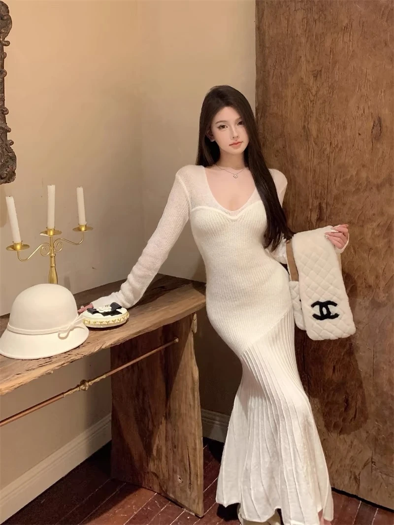 0133 韩漫人鱼 显瘦连衣裙女秋冬收腰v领针织鱼尾裙子