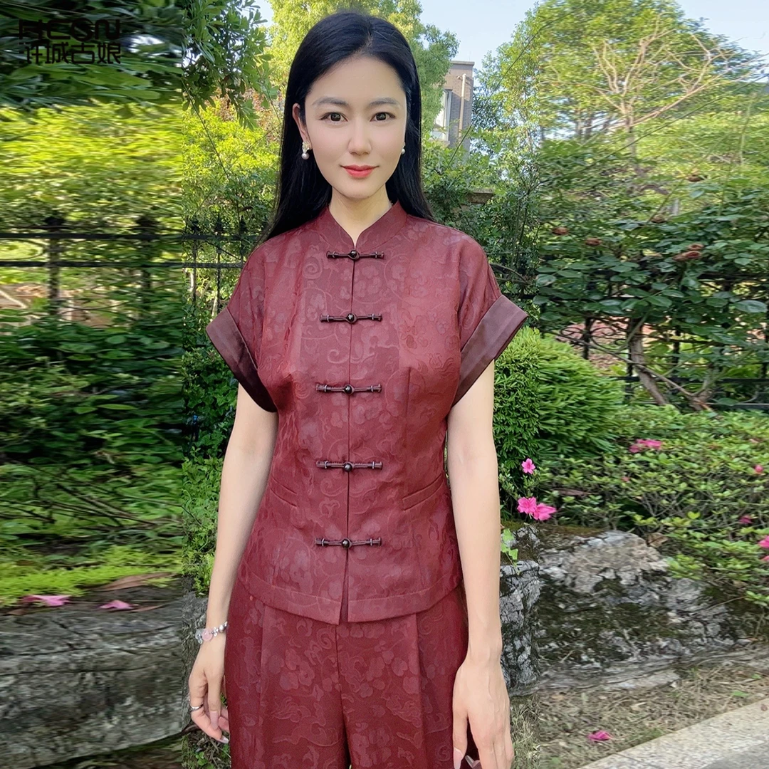 中国风桑蚕丝夏季新款清凉舒适墨沉香套装HBSS050335+HBSS050336