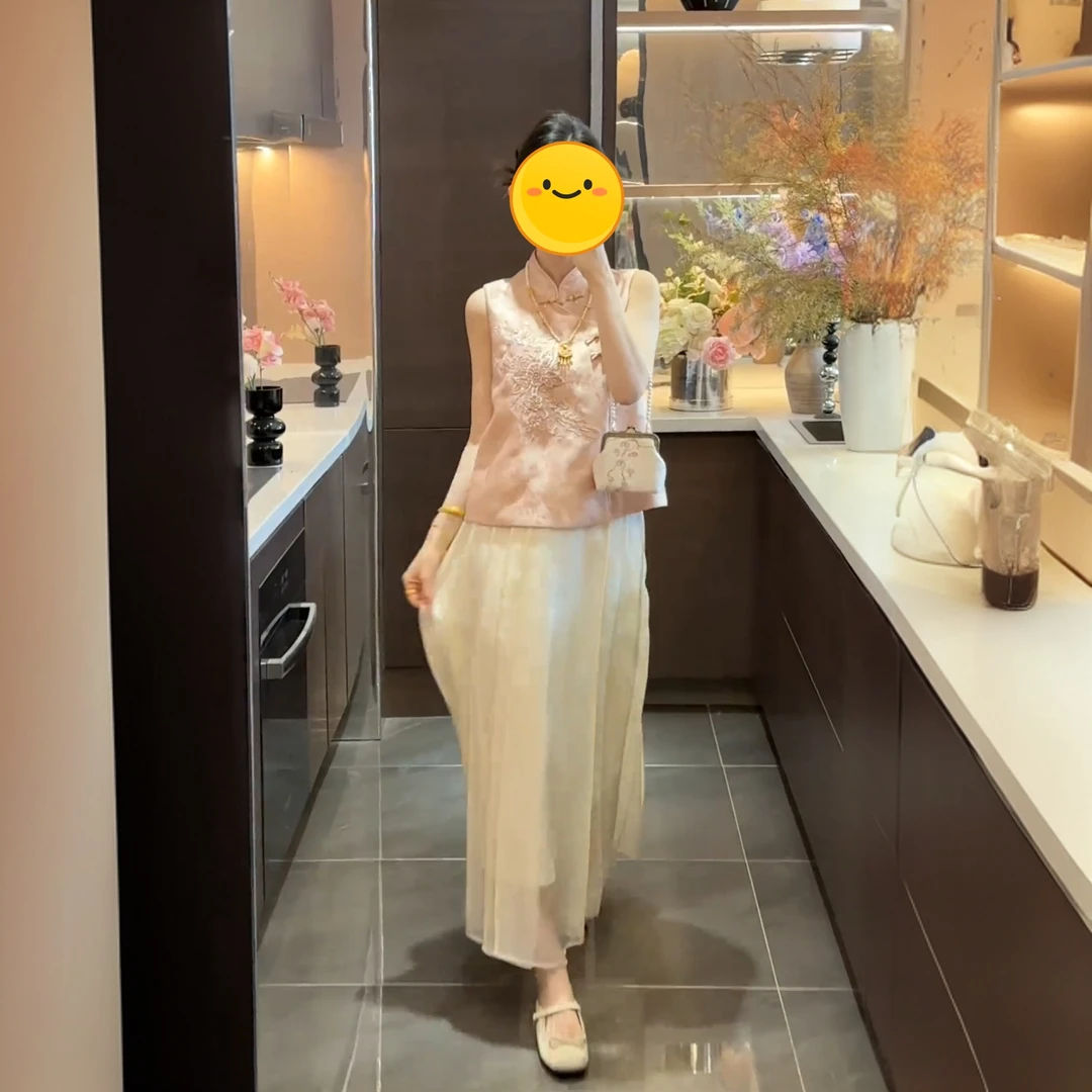 新中式夏季提花时尚减龄复古洋气减龄马甲上衣女高腰半身裙两件套