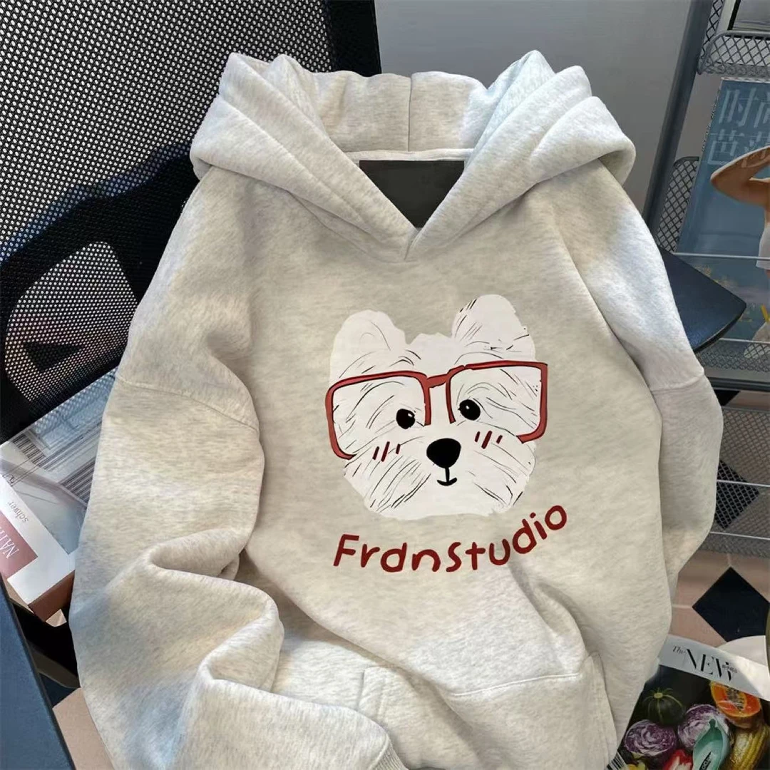 银狐绒日系卡通小狗印花连帽卫衣女2025秋冬季加绒加厚休闲百搭