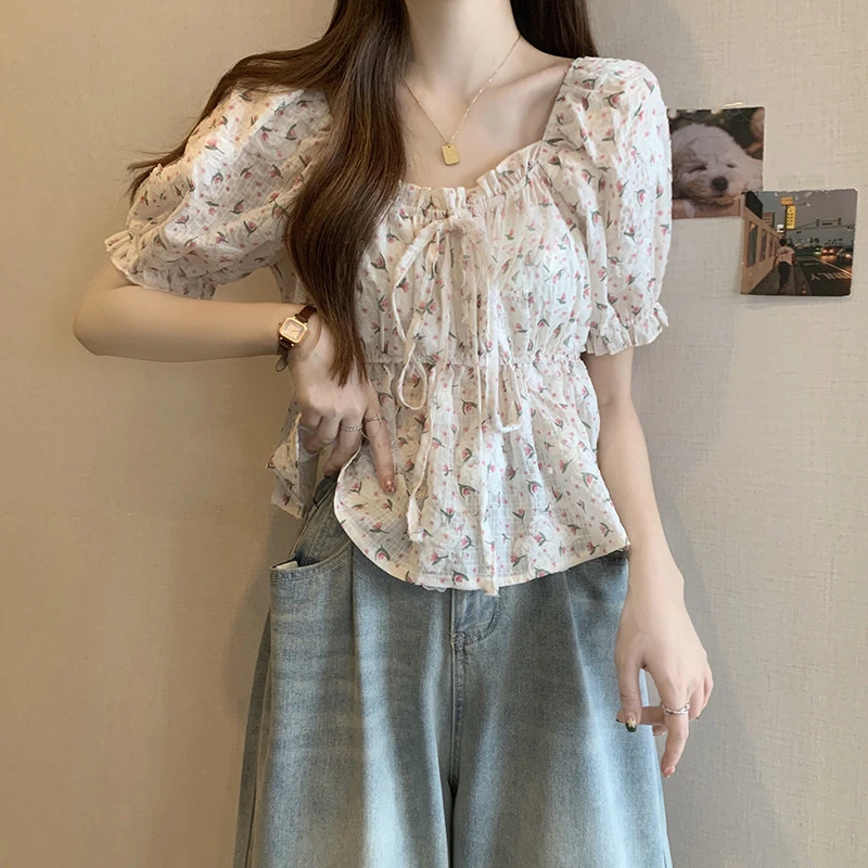大码夏季法式漂亮收腰小衫碎花雪纺衬衫女胖mm显瘦遮肚子短袖上衣