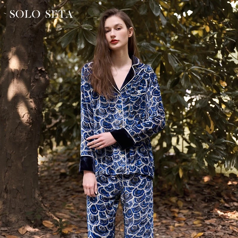 丝绒印花睡衣套装女桑蚕丝家居服长袖两件套可外穿秋冬轻奢高端礼