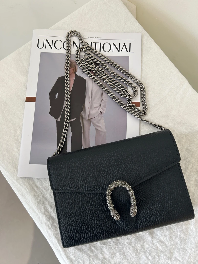 95新 GUCCI/古驰 酒神黑色荔枝纹钻扣woc链条包 公价14664