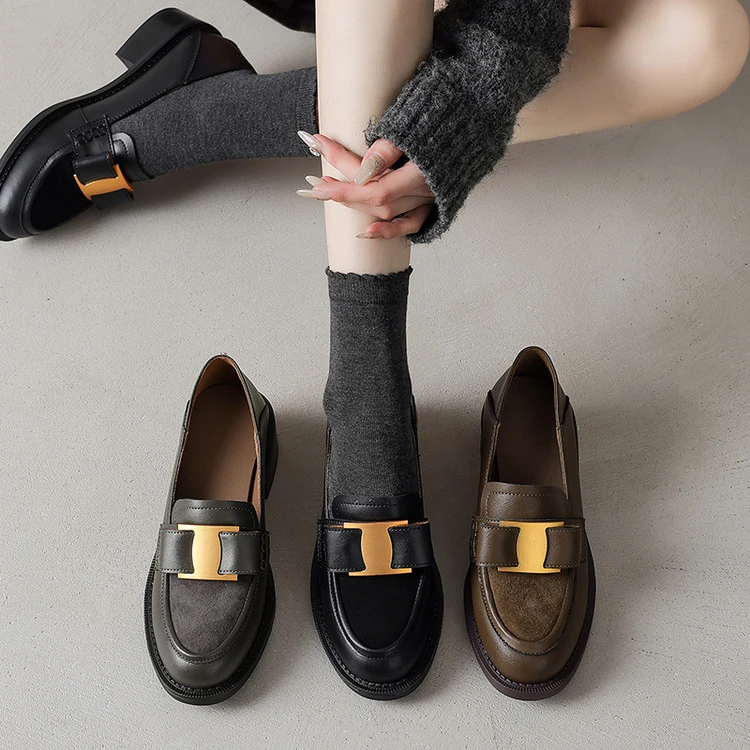 ANDER2025年早春新款真皮乐福鞋金属扣蝴蝶结圆头方跟小香风单鞋