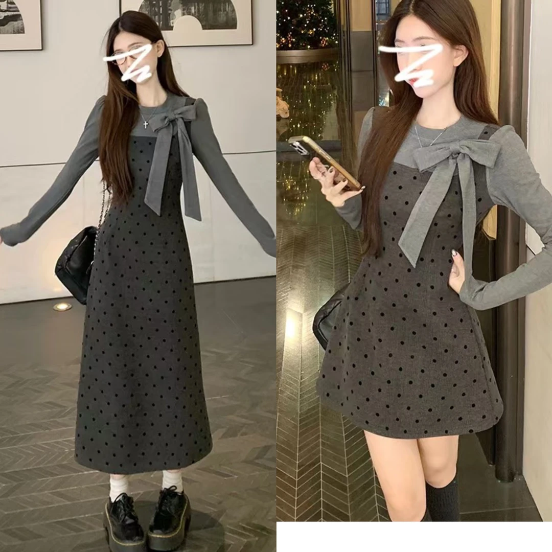 小个子秋冬波点呢子拼接设计收腰显瘦连衣裙8610