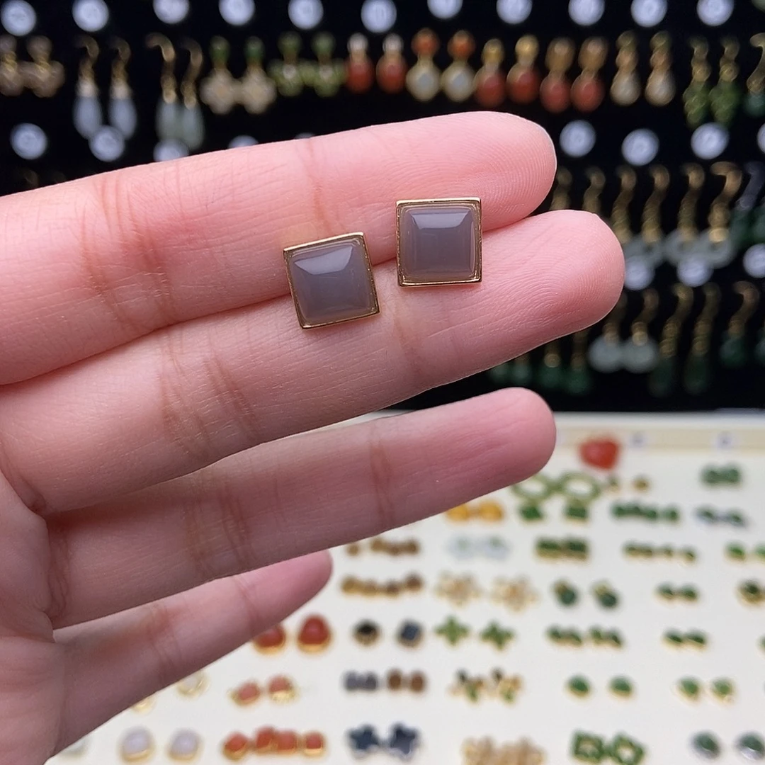 和田玉银S925镀金镶嵌耳饰