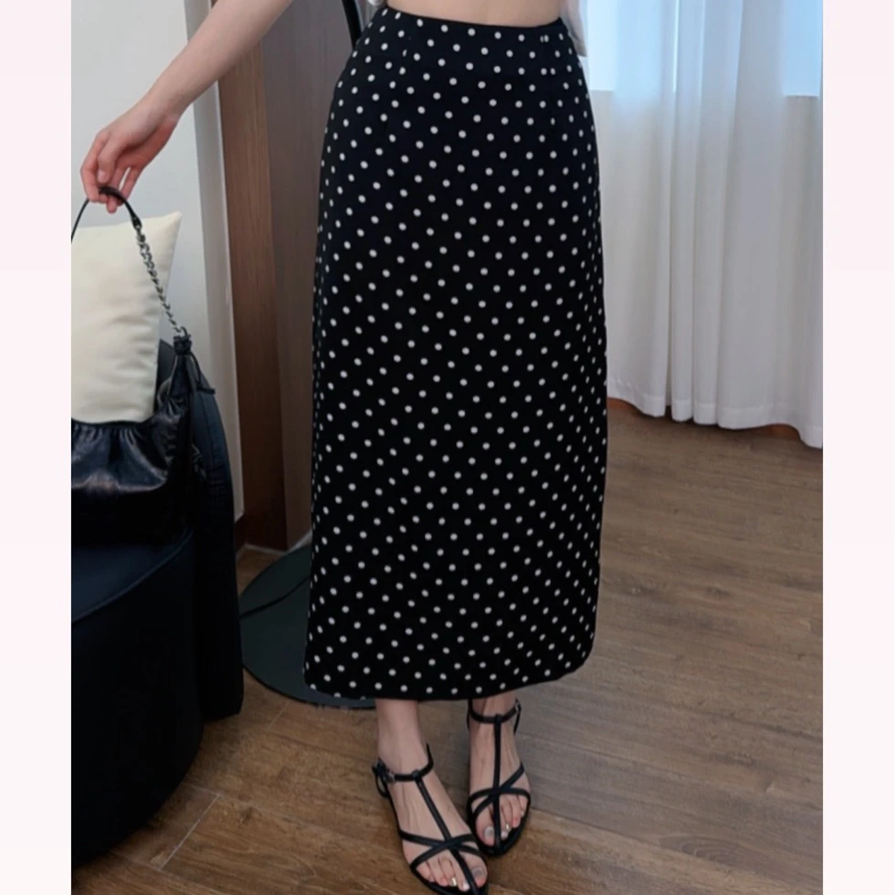 【订制麻料混纺】时尚洋气高腰波点开叉半身裙女修身显瘦a字中长裙