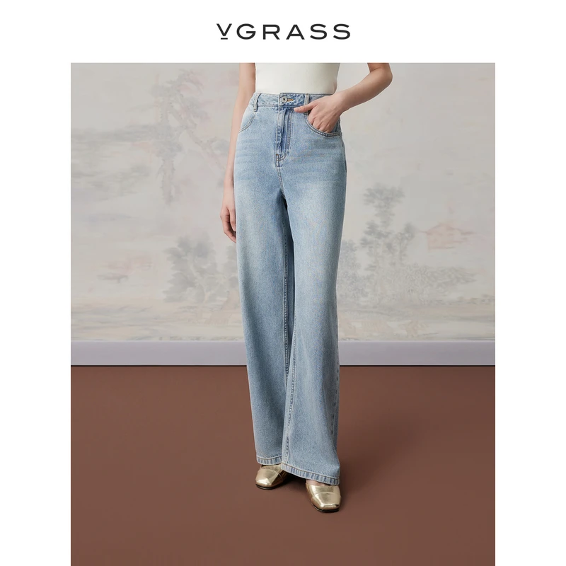 VGRASS纯棉阔腿牛仔裤夏新款舒适中腰设计宽松直筒裤子VSK2P2095C