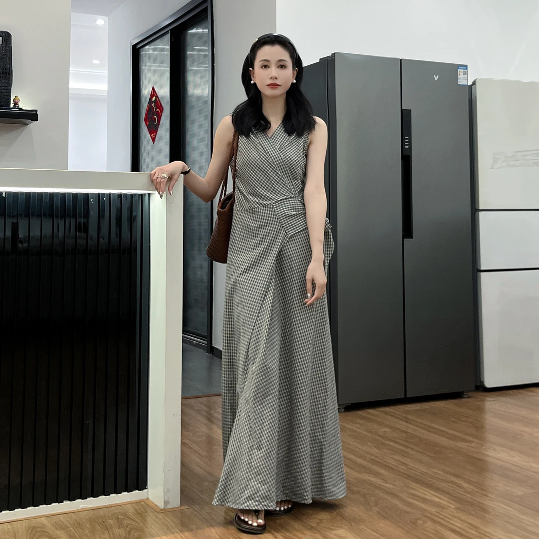 【Si&华严选】格子无袖V领高级度假风显瘦长裙收腰绑带连衣裙10061