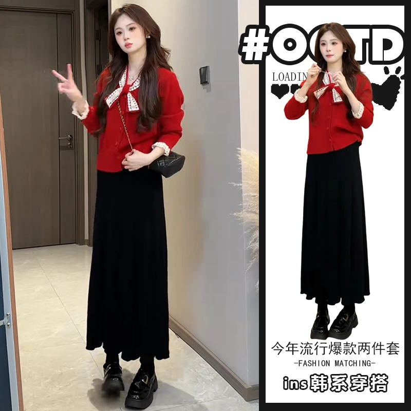 2025秋冬设计感蕾丝拼接针织毛衣高腰减龄半身裙甜美日系两件套潮