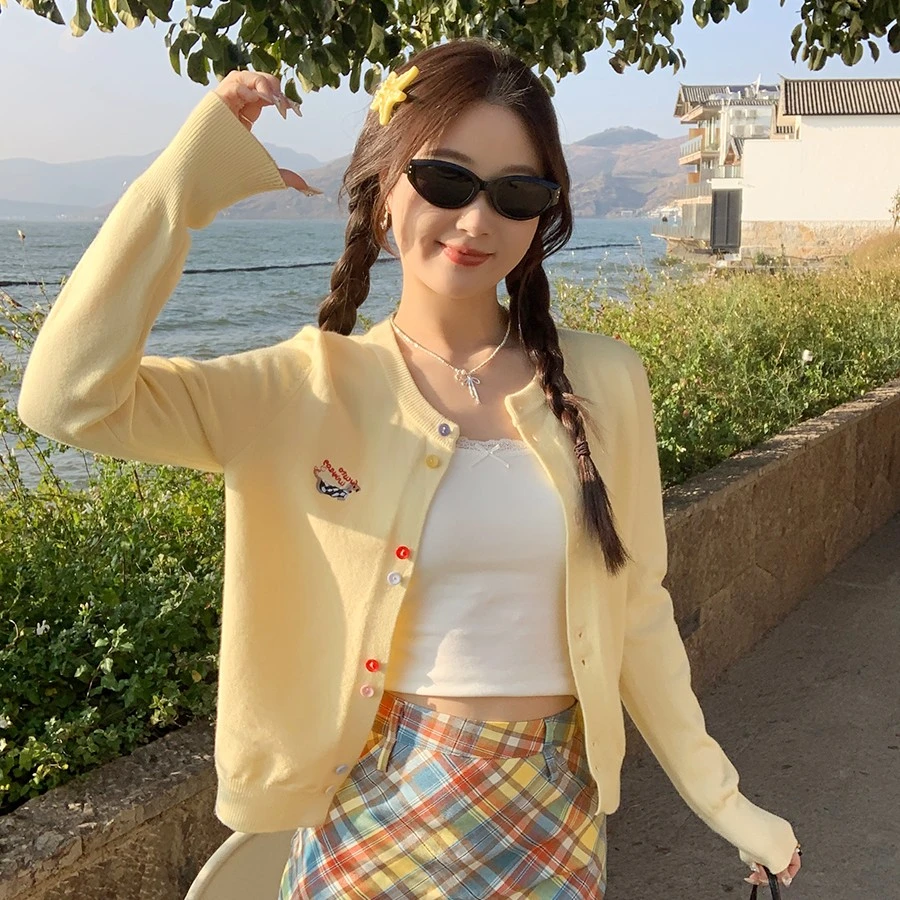 黄色针织开衫外套女春秋小个子百搭显瘦外穿长袖上衣独特漂亮小衫