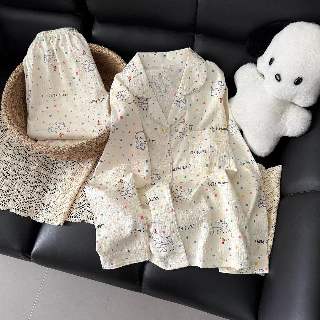 长袖睡衣女春秋季云朵棉大码开衫凉感2025新款彩点小狗套装家居服