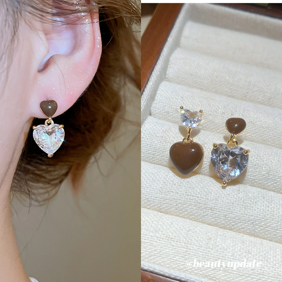 铜合金锆石耳饰 银针滴油爱心不对称耳环个性时尚百搭气质耳饰女