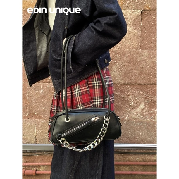 一丁小众设计牛皮法棍包波士顿包单肩包机车酷飒时尚休闲斜挎包潮