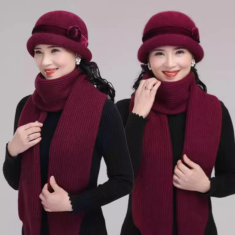 秋冬天中老年人帽子女保暖毛线帽奶奶老人帽子冬季中年妈妈帽围巾