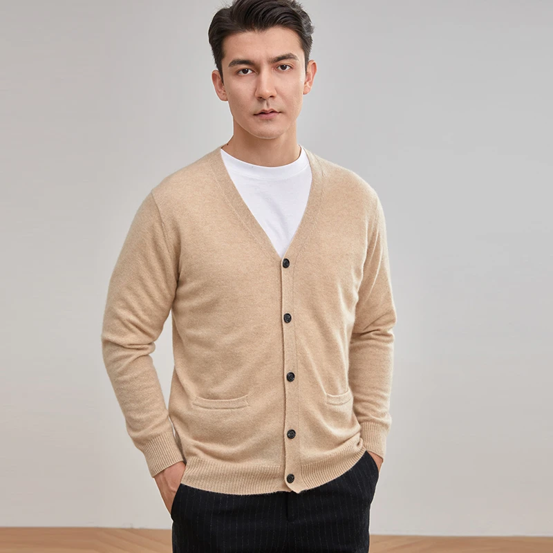 V型领系扣开衫羊绒衫