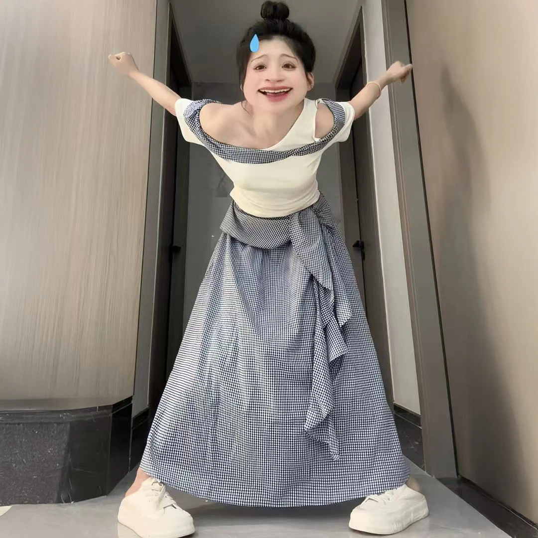 夏季新款韩系设计感斜肩短袖t恤显瘦格子半身裙气质减龄时髦套装