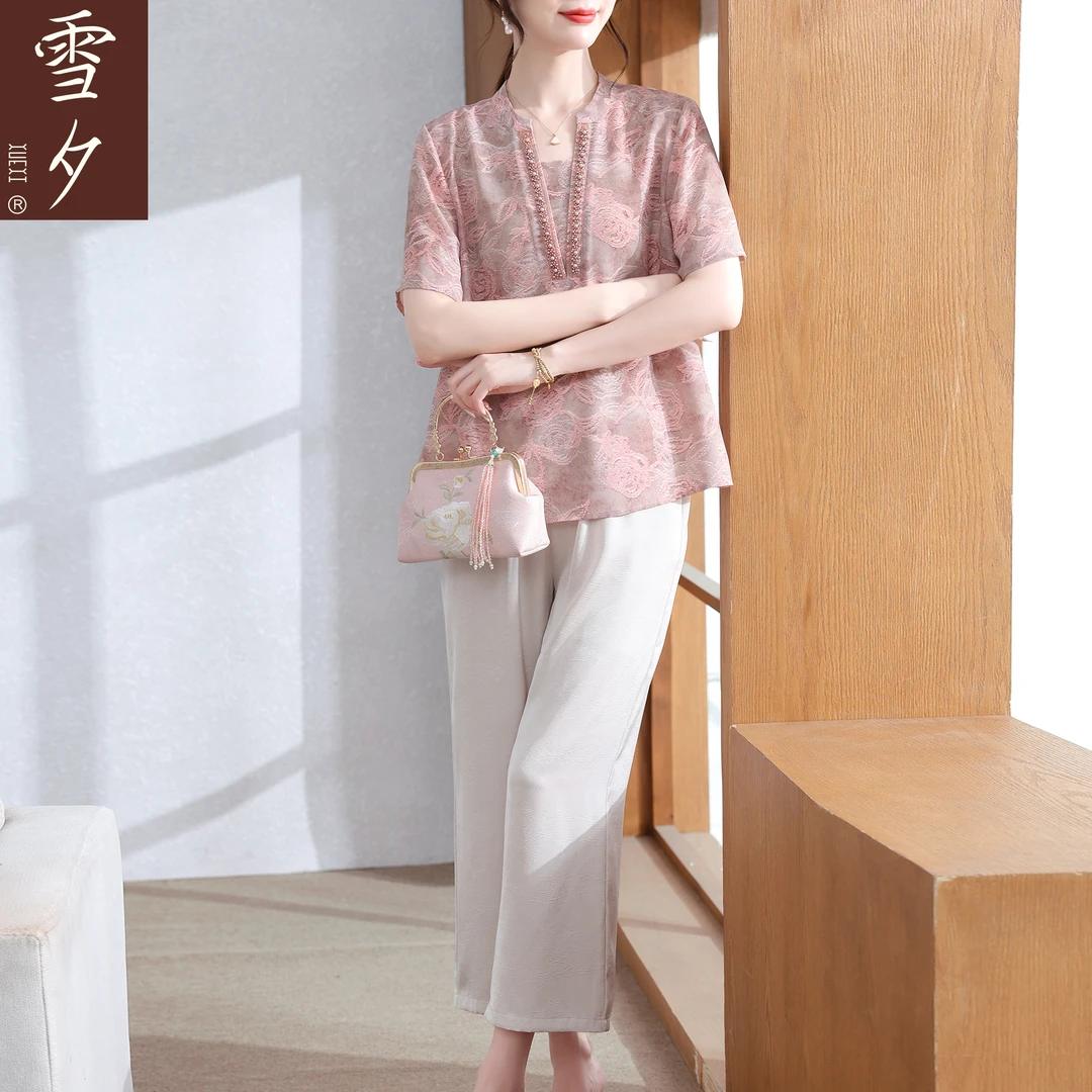 雪夕妈妈夏装套装新中式小衫2025新款中老年女夏季短袖衬衫上衣服