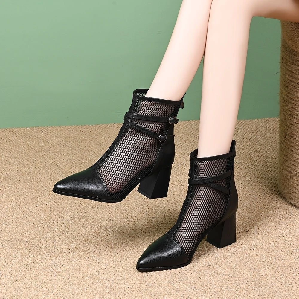 新款尖头短靴高跟网纱凉靴夏季粗跟网靴镂空女士鞋子网眼春款凉鞋