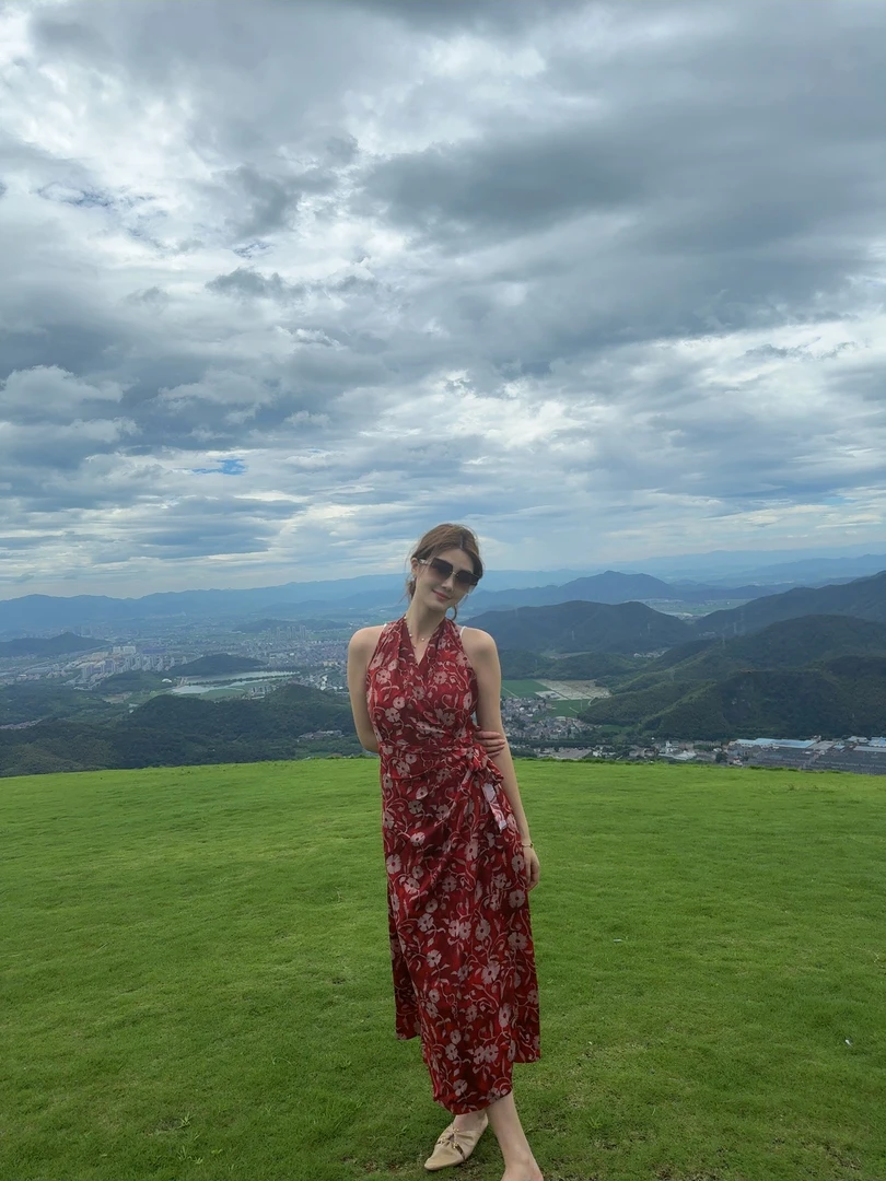 （殷红花海）无袖挂脖气质收腰气质显瘦夏季连衣裙