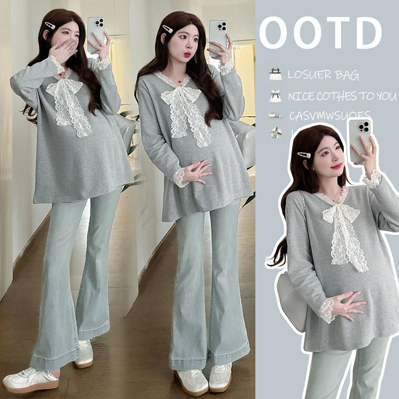 2025新款春孕妇上衣甜美蕾丝蝴蝶结拼接时尚宽松遮肚孕妇打底上衣