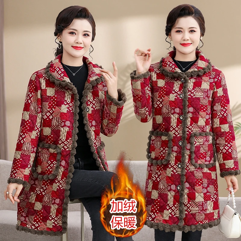 中老年秋冬季棉服妈妈装千鸟格棉衣加绒保暖奶奶棉袄中长款外套女